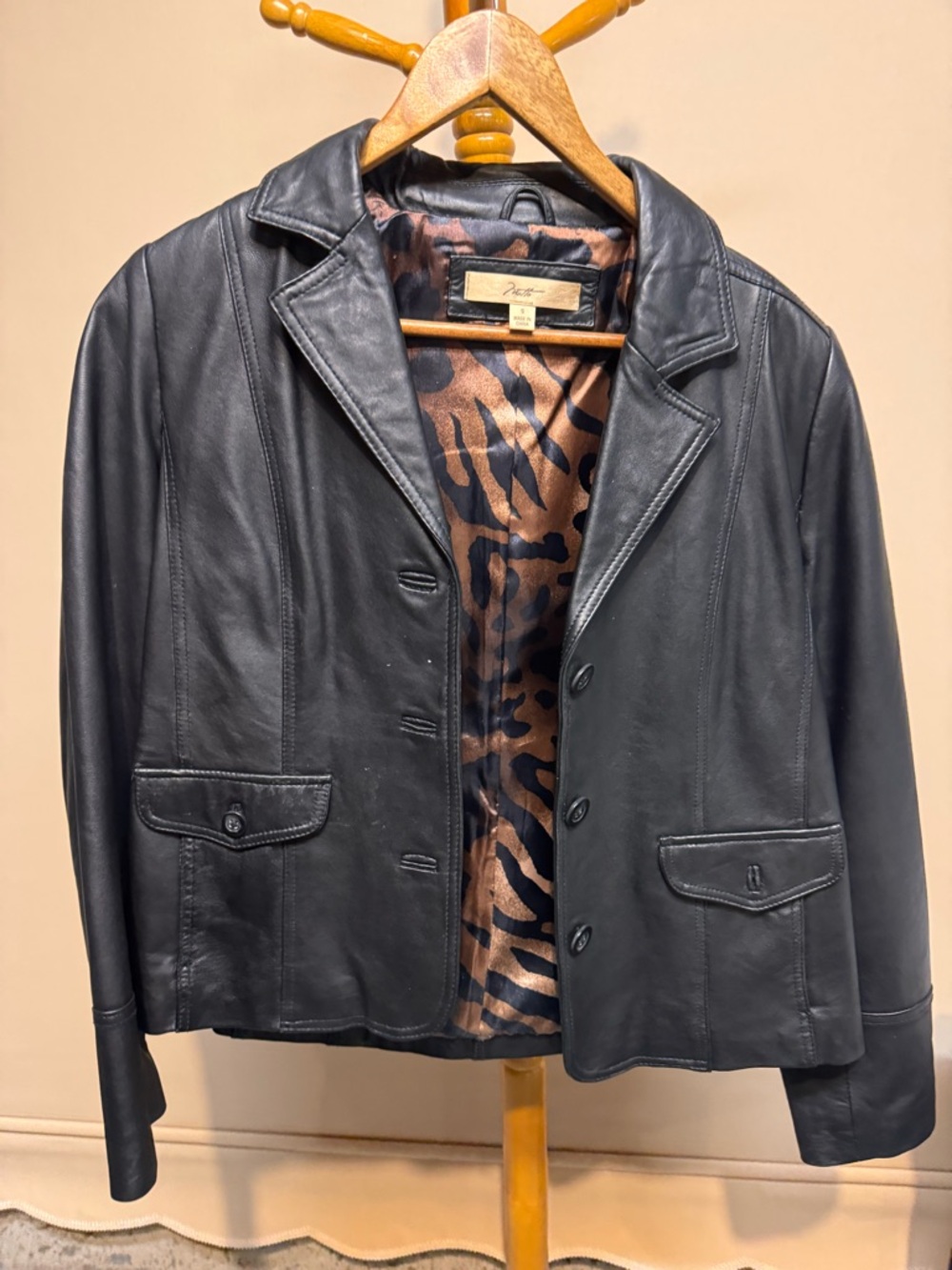 Vintage Women’s Motto Black Leather Jacket Brown Leopard-Print Satin-Lined